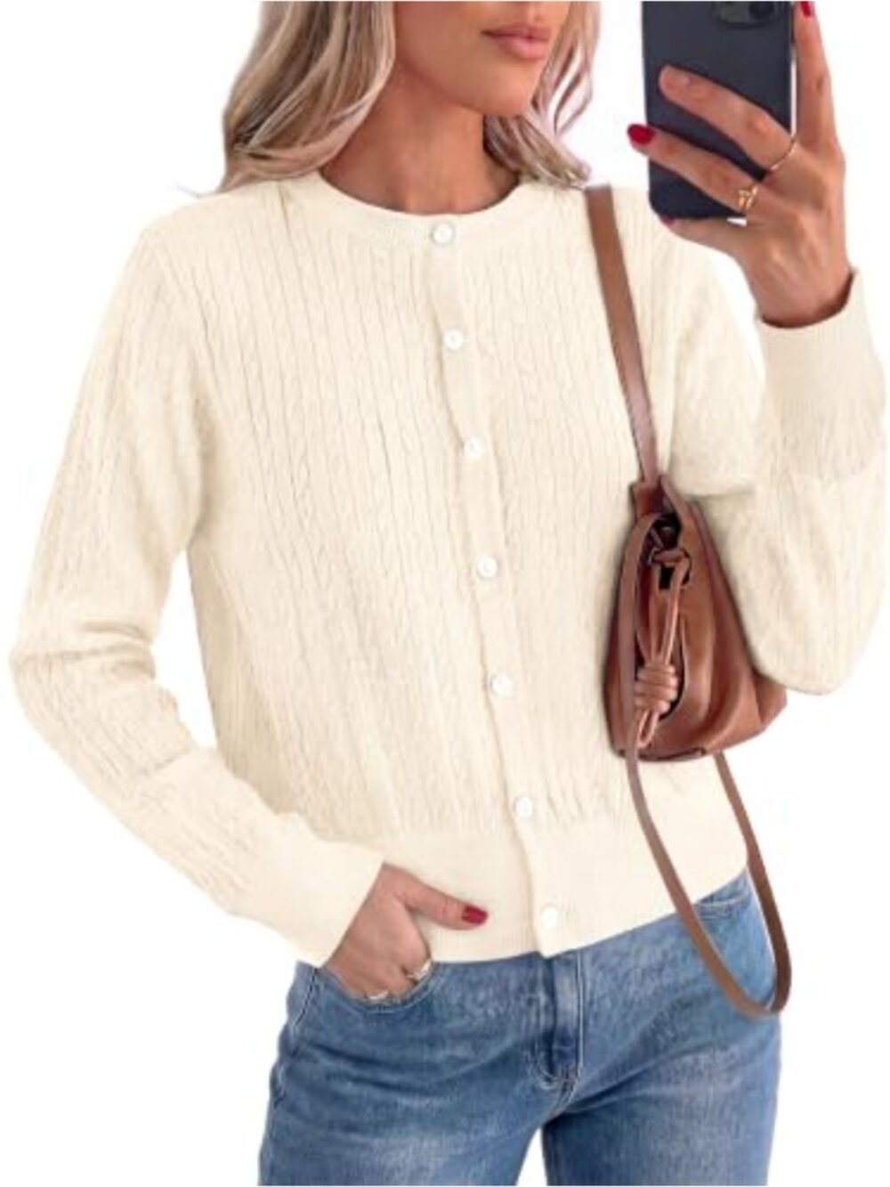 Lightweight Cable Knit Button Up Cardigan Sweater Women Crew Neck
